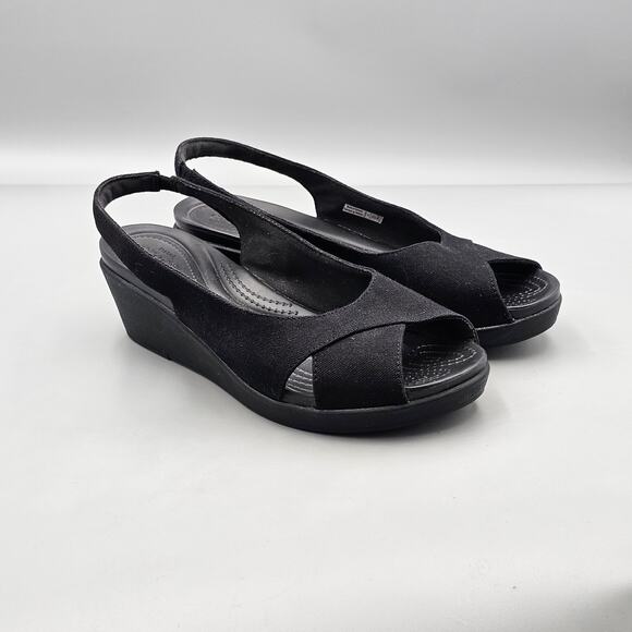 Crocs Womens Size 9 US VGC Leigh Ann Black Sling Back Wedge Dual Comfort Sandals - Picture 1 of 8